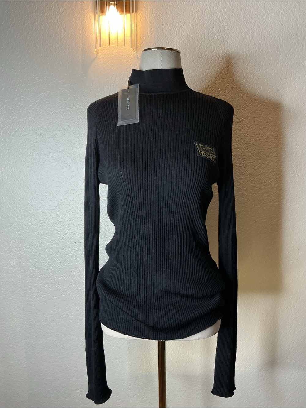 Versace Black Ribbed Knit Sweater with Logo Patch